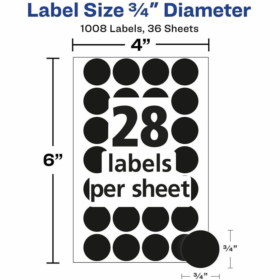 Avery® Color-Coding Labels - 3/4" Diameter - Removable Adhesive - Round - Laser, Inkjet - Black - Paper - 28 / Sheet - 1