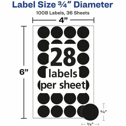 Avery® Color-Coding Labels - 3/4" Diameter - Removable Adhesive - Round - Laser, Inkjet - Black - Paper - 28 / Sheet - 1