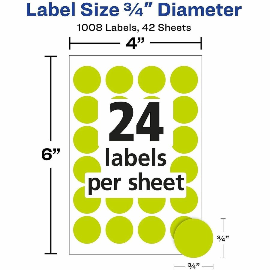 Avery® Color-Coding Labels - 3/4" Diameter - Removable Adhesive - Round - Laser - Neon Yellow - 24 / Sheet - 1008 / Pack