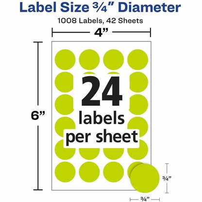 Avery® Color-Coding Labels - 3/4" Diameter - Removable Adhesive - Round - Laser - Neon Yellow - 24 / Sheet - 1008 / Pack