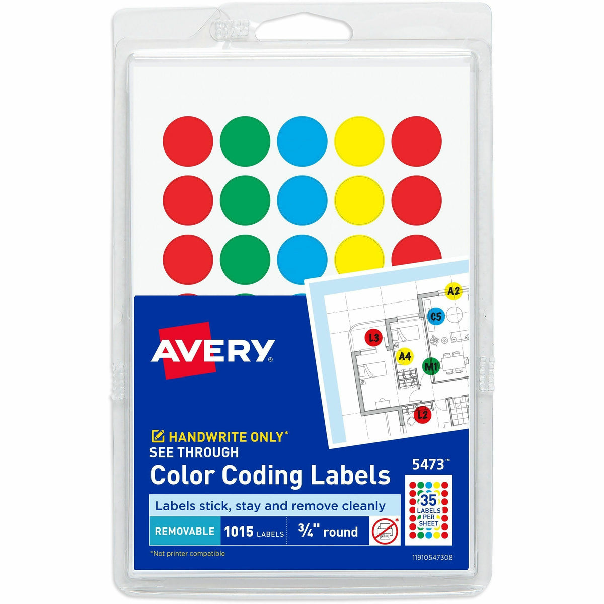 Avery® Color Coded Label - 3/4" Diameter - Removable Adhesive - Round - Green, Light Blue, Red, Yellow - Film - 35 / She