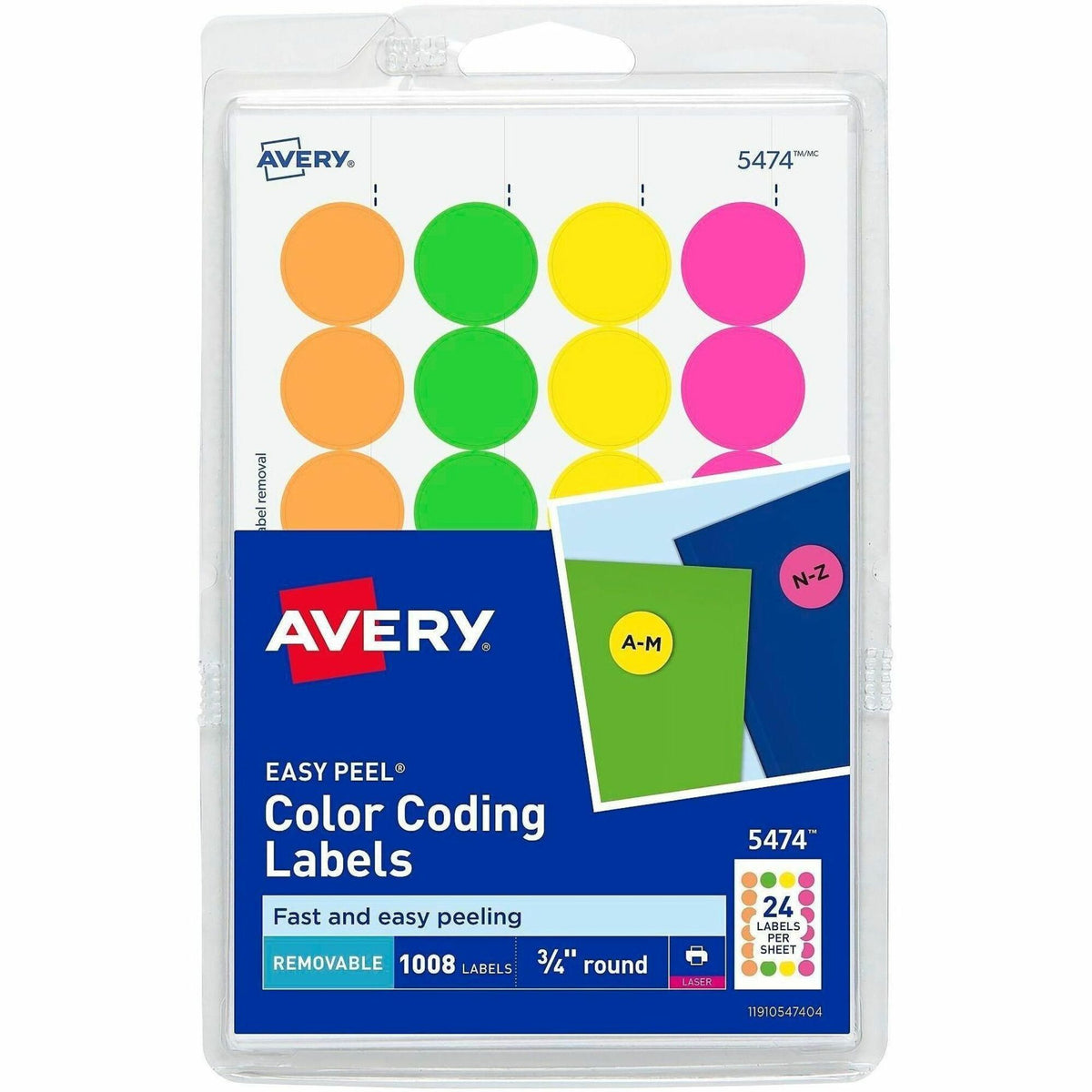 Avery® Color Coded Label - 3/4" Diameter - Removable Adhesive - Round - Laser - Matte - Neon Green, Neon Orange, Neon Pi