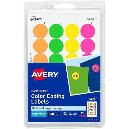 Avery® Color Coded Label - 3/4" Diameter - Removable Adhesive - Round - Laser - Matte - Neon Green, Neon Orange, Neon Pi