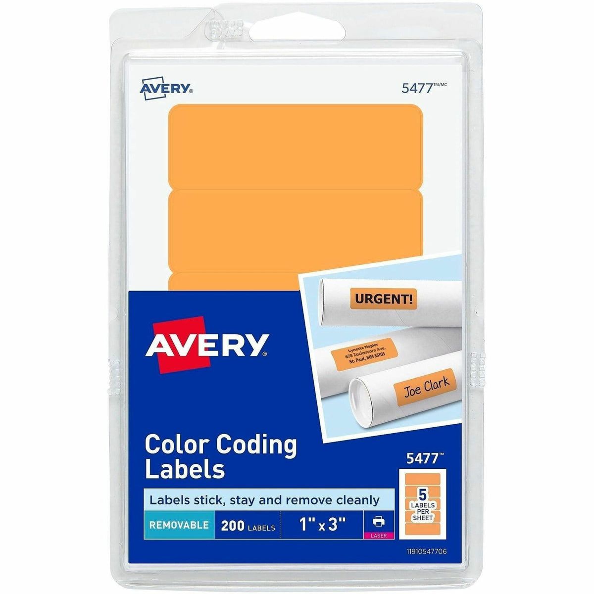 Avery® Rectangular Color-Coding Labels - 1" Width x 3" Length - Removable Adhesive - Rectangle - Laser - Orange - 200 / 