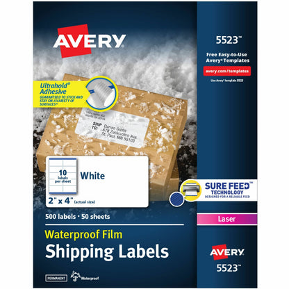 Avery® Waterproof Labels, 2" x 4" , 500 Total (05523) - Waterproof - x 2" Width x 4" Length - Permanent Adhesive - Recta