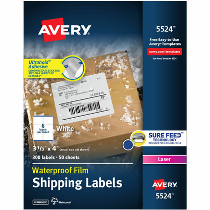 Avery Waterproof Labels, 3-1/3" x 4" , 300 Total (05524) - Waterproof - x 3 21/64" Width x 4" Length - Full Sheet - Perm