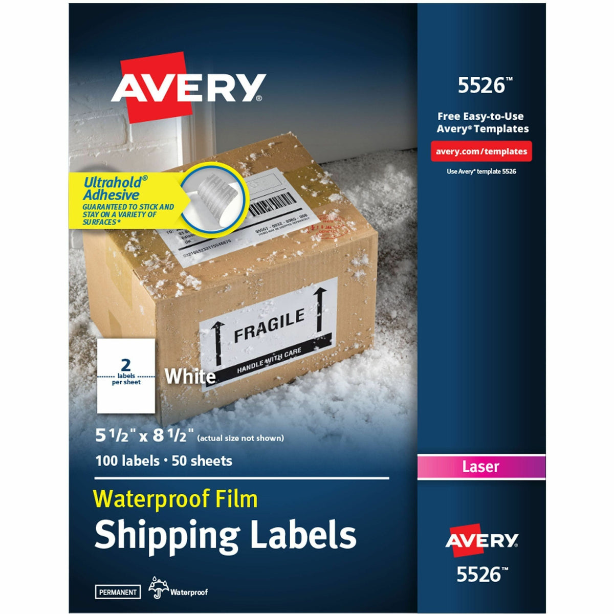 Avery® 5-1/2" x 8-1/2" Labels, Ultrahold, 100 Labels (5526) - Waterproof - x 5 1/2" Width x 8 1/2" Length - Permanent Ad