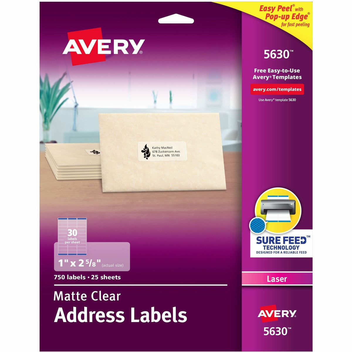 Avery® Easy Peel Return Address Labels - 1" Width x 2 5/8" Length - Permanent Adhesive - Rectangle - Laser - Matte - Cle