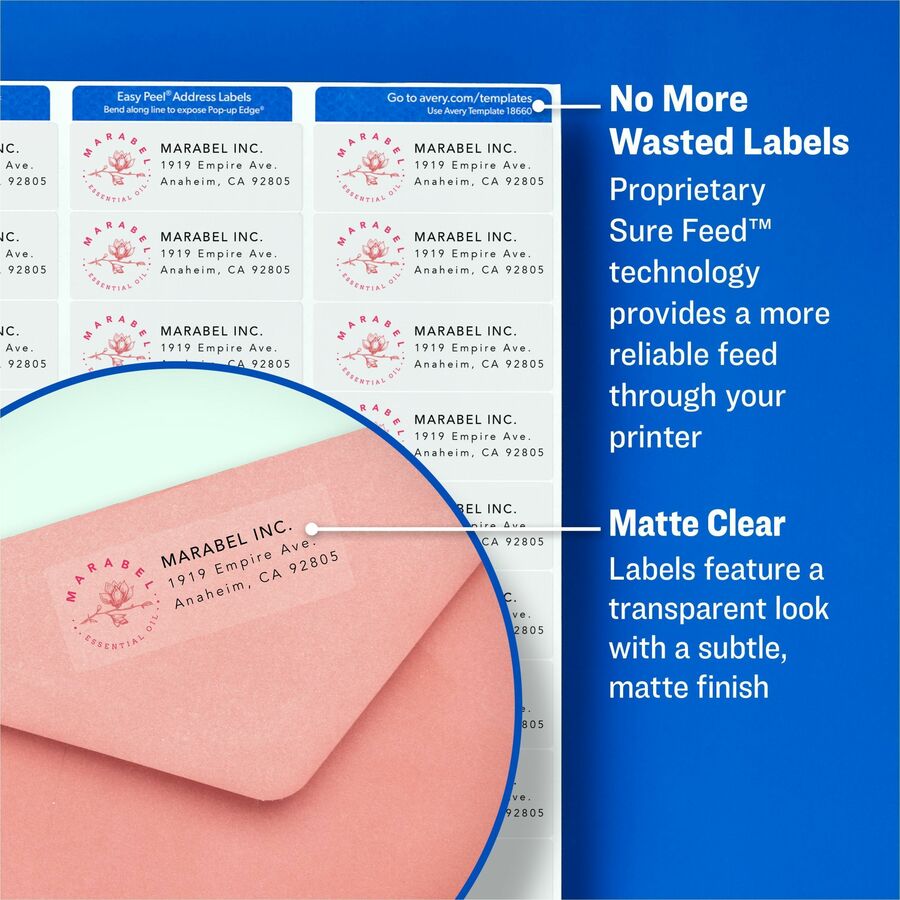 Avery® Easy Peel Return Address Labels - 1" Width x 2 5/8" Length - Permanent Adhesive - Rectangle - Laser - Matte - Cle