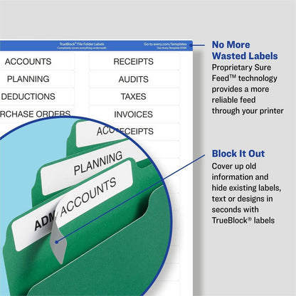 Avery® TrueBlock File Folder Labels - 2/3" Width x 3 7/16" Length - Permanent Adhesive - Rectangle - Inkjet, Laser - Mat