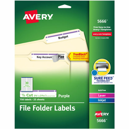 Avery® TrueBlock File Folder Labels - 2/3" Width x 3 7/16" Length - Permanent Adhesive - Rectangle - Inkjet, Laser - Mat