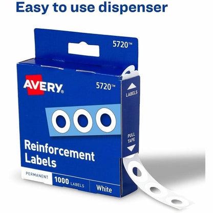 Avery® White Self-Adhesive Reinforcement Labels - 0.3" Diameter - 3 x Holes - Round - White - Polyvinyl - 1000 / Pack