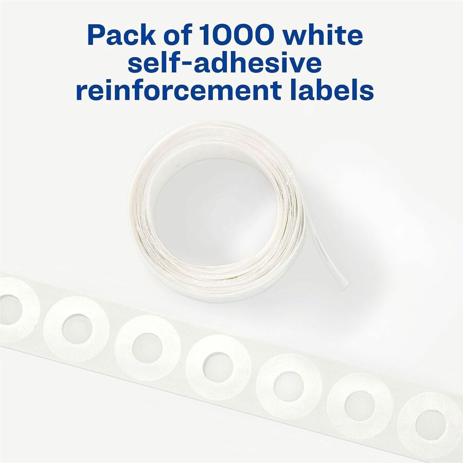 Avery® White Self-Adhesive Reinforcement Labels - 0.3" Diameter - 3 x Holes - Round - White - Polyvinyl - 1000 / Pack