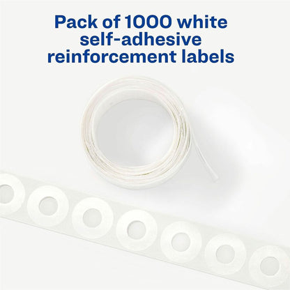 Avery® White Self-Adhesive Reinforcement Labels - 0.3" Diameter - 3 x Holes - Round - White - Polyvinyl - 1000 / Pack