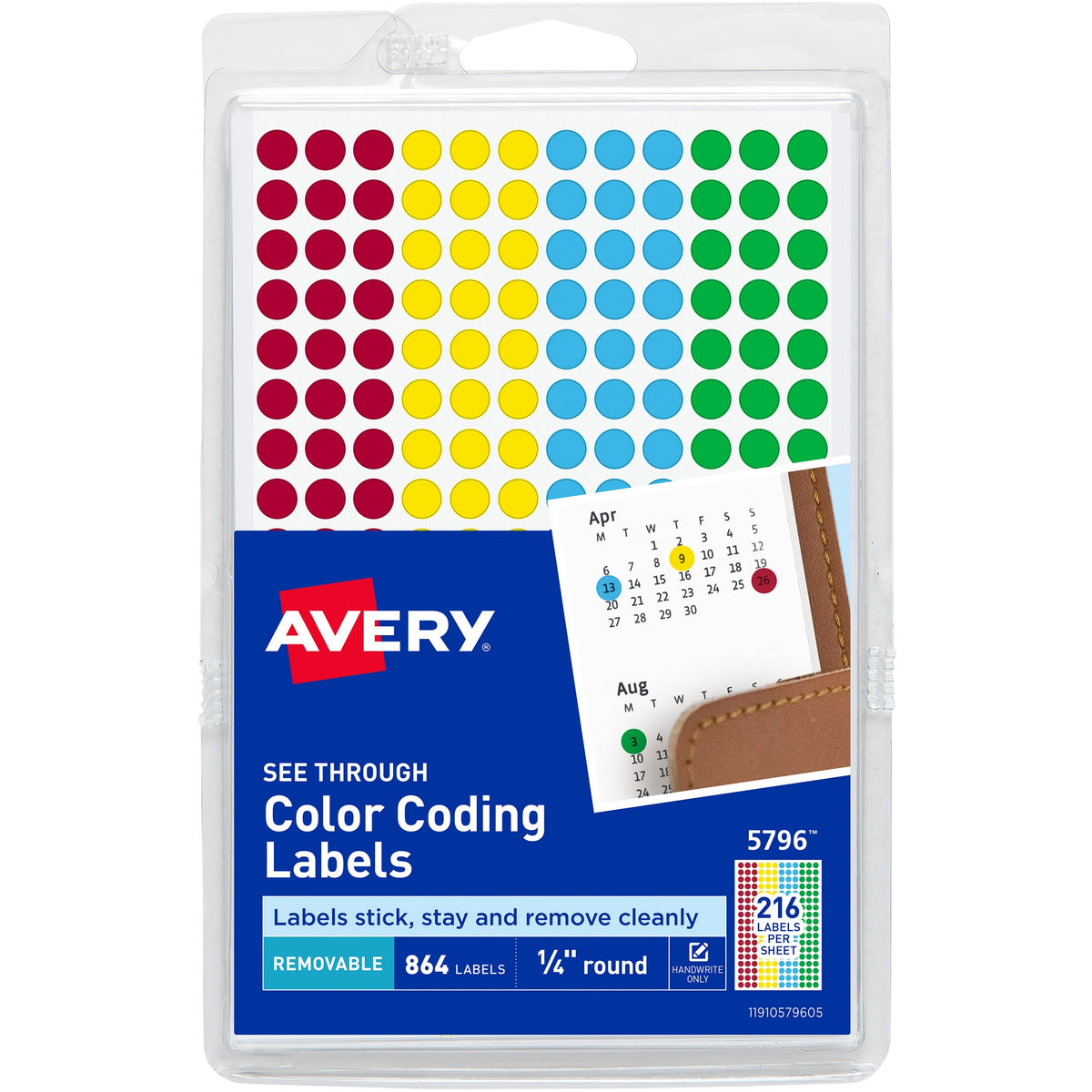 Avery® Assorted Removable See-Through Color Dots - 1/4" Diameter - Removable Adhesive - Round - Green, Light Blue, Red, 