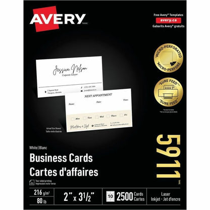 Avery® Business Cards - 2" x 3 1/2" - Matte - FSC - Perforated, Uncoated, Printable - Matte White - 2500 / Box