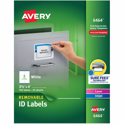 Avery® Removable I.D. Labels - 3 21/64" Width x 4" Length - Removable Adhesive - Rectangle - Inkjet, Laser - White - Pap