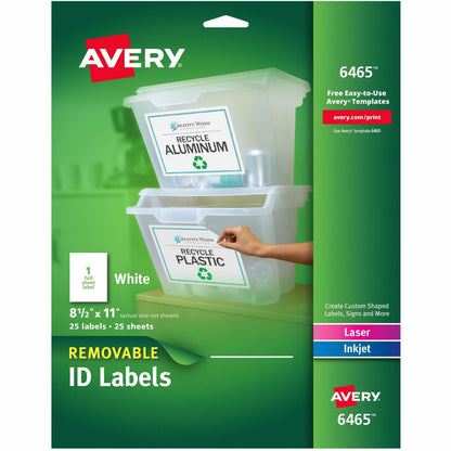 Avery® ID Label - 8 1/2" Width x 11" Length - Removable Adhesive - Rectangle - Inkjet, Laser - White - Paper - 1 / Sheet