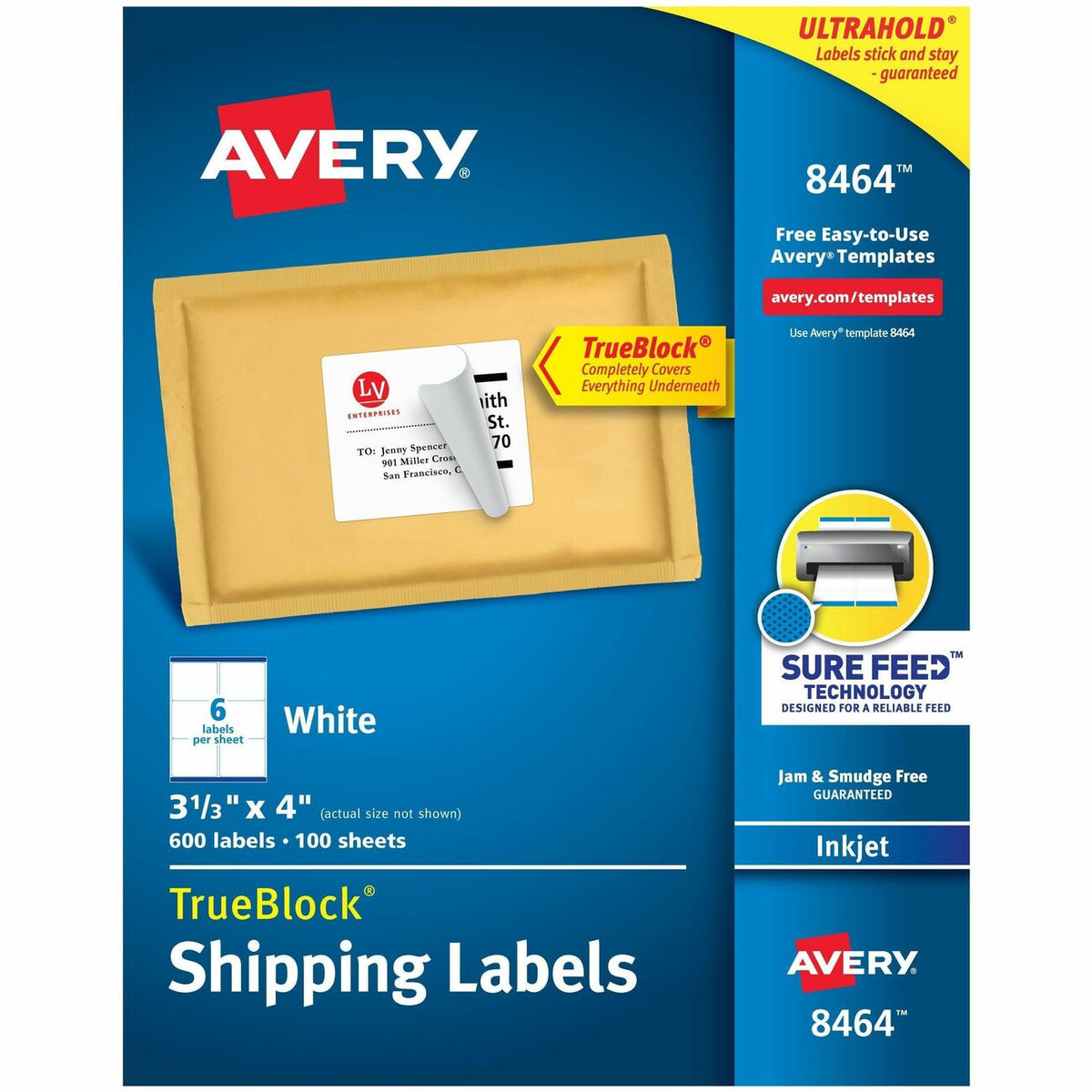 Avery® TrueBlock Shipping Labels - 3 21/64" Width x 4" Length - Permanent Adhesive - Rectangle - Inkjet - Matte - White 