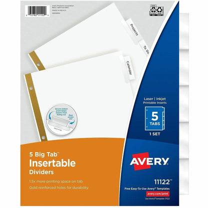 Avery® Big Tab Insertable Dividers - Reinforced Gold Edge - 5 Print-on Tab(s) - 5 Tab(s)/Set - 8.5" Divider Width x 11" 