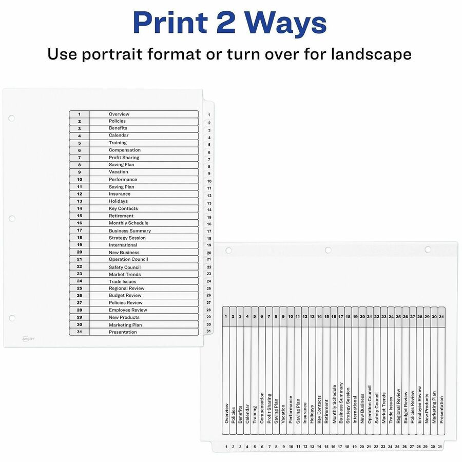 Avery® Ready Index Binder Dividers - Customizable Table of Contents - 31 x Divider(s) - Printed Tab(s) - Digit - 1-31 - 