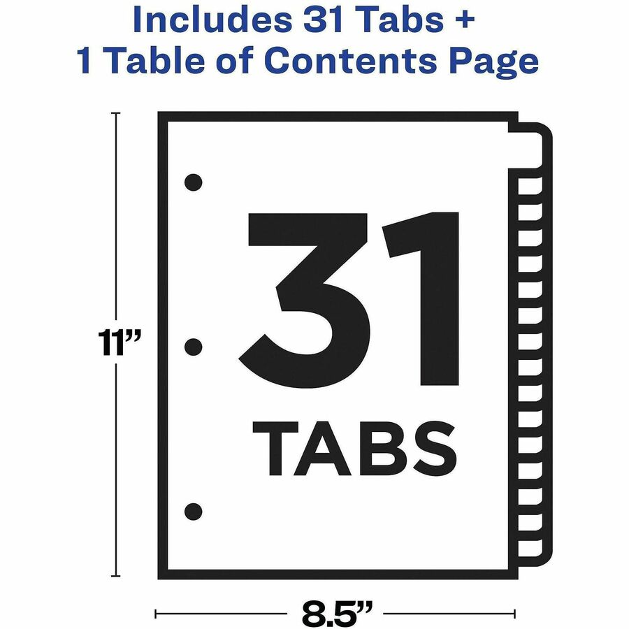Avery® Ready Index Binder Dividers - Customizable Table of Contents - 31 x Divider(s) - Printed Tab(s) - Digit - 1-31 - 