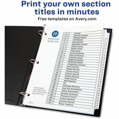 Avery® Ready Index Binder Dividers - Customizable Table of Contents - 31 x Divider(s) - Printed Tab(s) - Digit - 1-31 - 