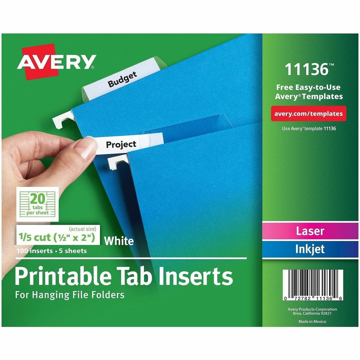 Avery® Printable Tab Inserts for Hanging File Folders - 100 Print-on Tab(s) - 5 Tab(s)/Set - 2" Tab Width - Paper Divide