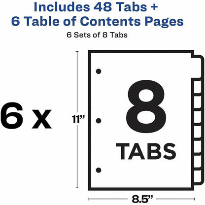 Avery Ready Index 8 Tab Dividers, Customizable TOC, 6 Sets (11186) - 48 x Divider(s) - 48 Tab(s) - Digit - 1-8 - 8 Tab(s