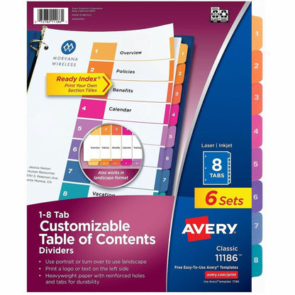 Avery Ready Index 8 Tab Dividers, Customizable TOC, 6 Sets (11186) - 48 x Divider(s) - 48 Tab(s) - Digit - 1-8 - 8 Tab(s