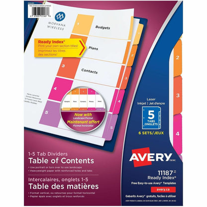 Avery Ready Index Table of Contents Dividers - 30 x Divider(s) - 5 Printed Tab(s) - Digit - 1-5 - 5 Tab(s)/Set - 6 / Pac