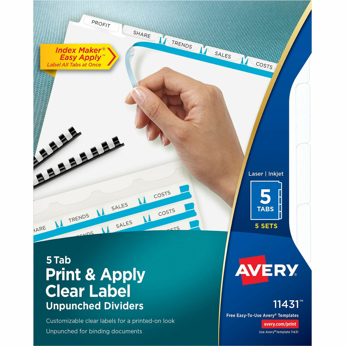 Avery® Print & Apply Label Unpunched Dividers - Index Maker Easy Apply Label Strip - 25 x Divider(s) - 5 Blank Tab(s) - 