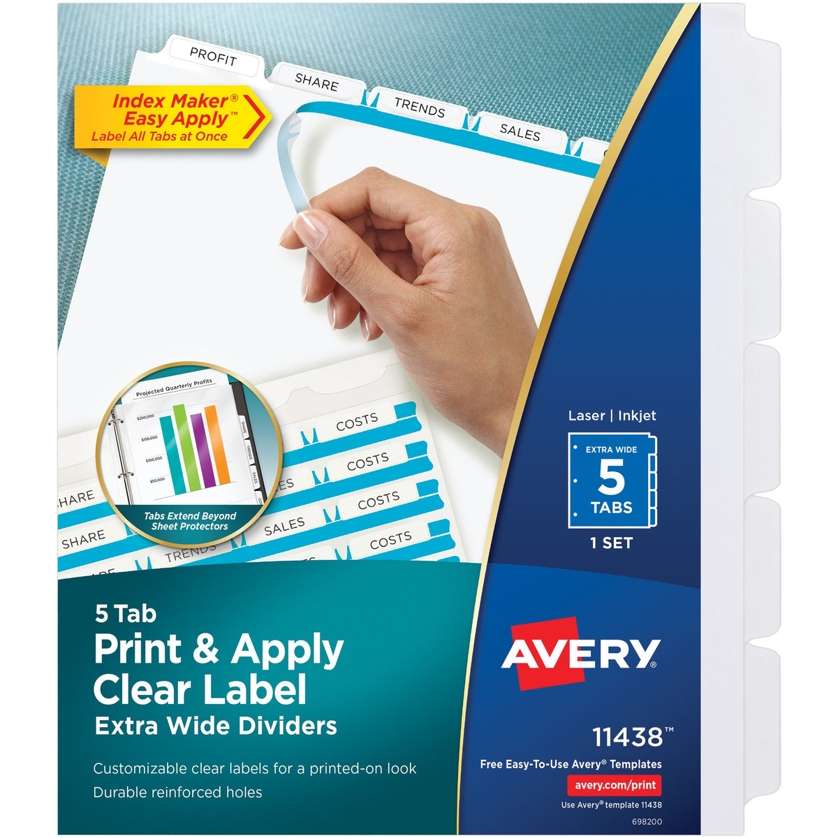 Avery® Index Maker Index Divider - 5 x Divider(s) - 5 - 5 Tab(s)/Set - 9.3" Divider Width x 11.25" Divider Length - 3 Ho