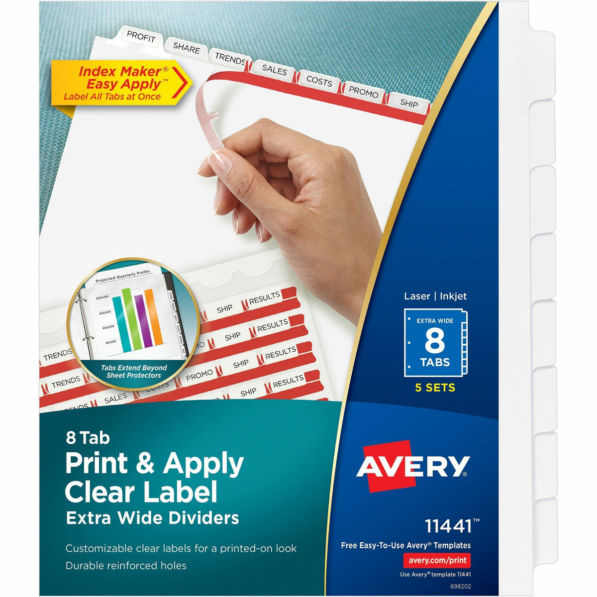 Avery® Index Maker Index Divider - 40 x Divider(s) - 8 Print-on Tab(s) - 8 - 8 Tab(s)/Set - 9.3" Divider Width x 11.25" 