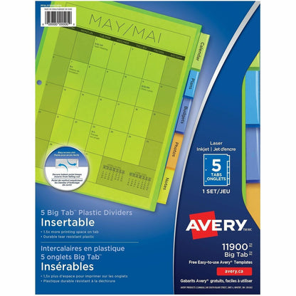 Avery Big Tab Insertable Plastic Dividers - 5 x Divider(s) - 5 Tab(s) - 5 - 5 Tab(s)/Set - 9.3" Divider Width x 11.12" D