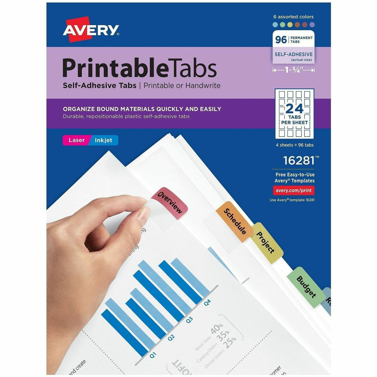 Avery® Printable Repositionable Tabs - 96 Tab(s) - 1.25" Tab Width - Permanent - Paper Divider - Assorted Paper Tab(s) -