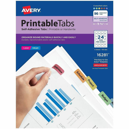 Avery® Printable Repositionable Tabs - 96 Tab(s) - 1.25" Tab Width - Permanent - Paper Divider - Assorted Paper Tab(s) -