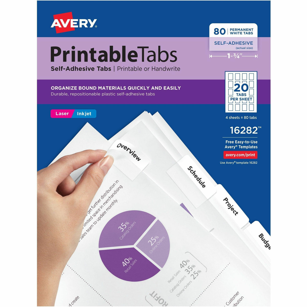 Avery® Printable Repositionable Tabs - 80 Tab(s) - 1.75" Tab Width - Permanent - Paper Divider - White Paper Tab(s) - 80