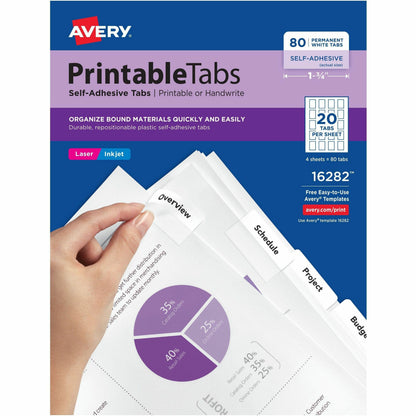 Avery® Printable Repositionable Tabs - 80 Tab(s) - 1.75" Tab Width - Permanent - Paper Divider - White Paper Tab(s) - 80