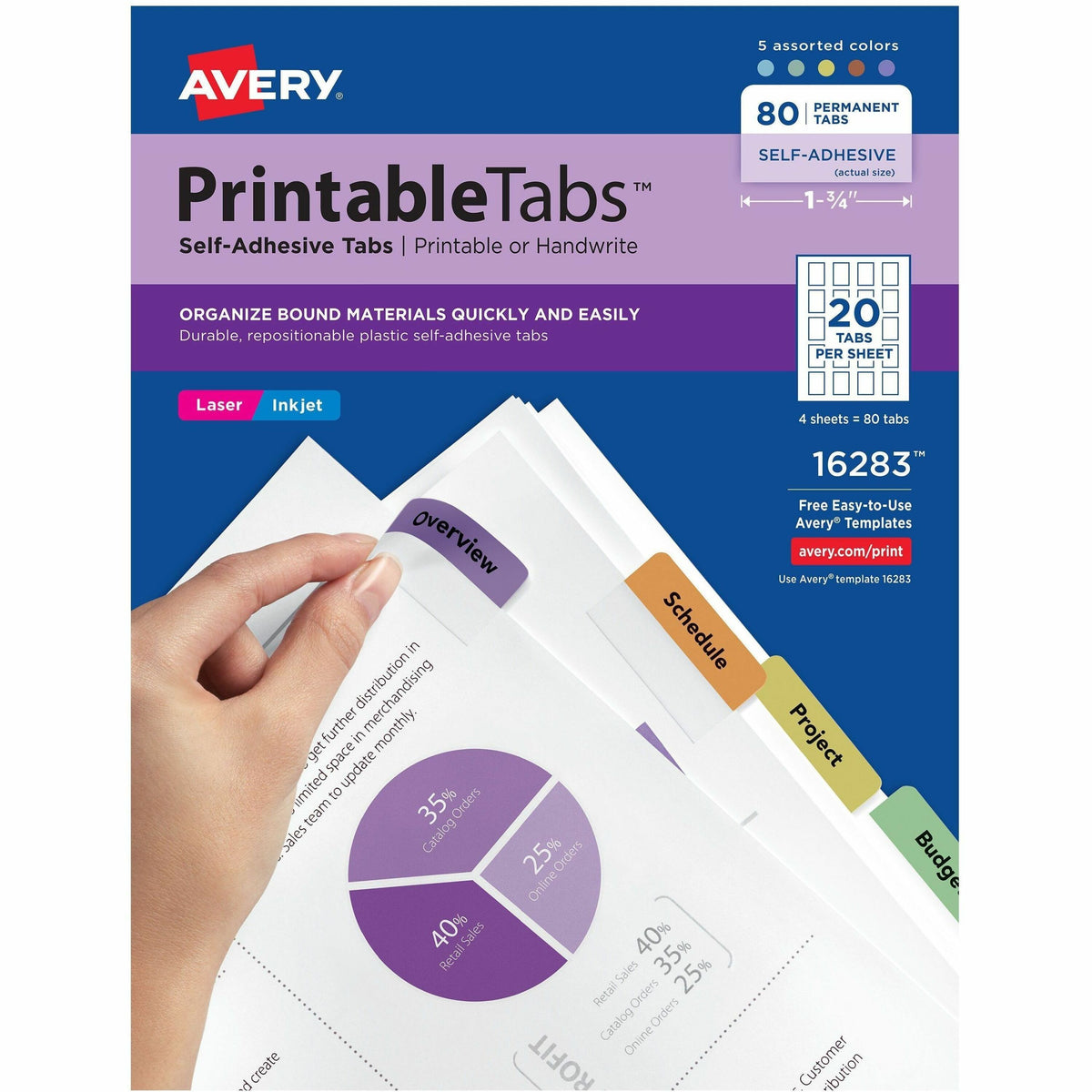 Avery® Printable Repositionable Tabs - 80 Tab(s) - 1.75" Tab Width - Permanent - Paper Divider - Assorted Paper Tab(s) -
