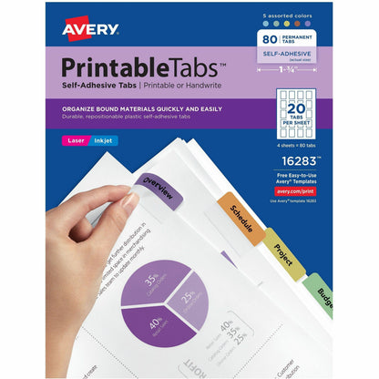 Avery® Printable Repositionable Tabs - 80 Tab(s) - 1.75" Tab Width - Permanent - Paper Divider - Assorted Paper Tab(s) -