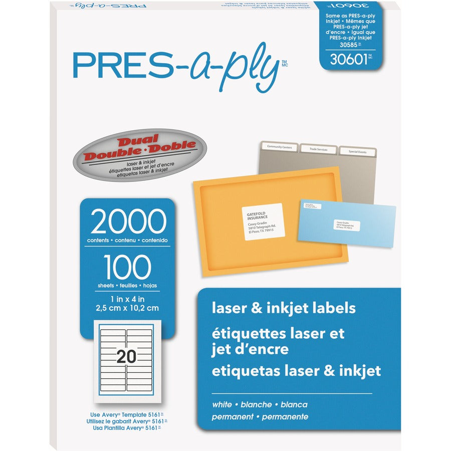 PRES-a-ply White Labels - 1" Width x 4" Length - Permanent Adhesive - Rectangle - Laser, Inkjet - White - Paper - 20 / S