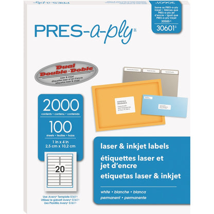 PRES-a-ply White Labels - 1" Width x 4" Length - Permanent Adhesive - Rectangle - Laser, Inkjet - White - Paper - 20 / S