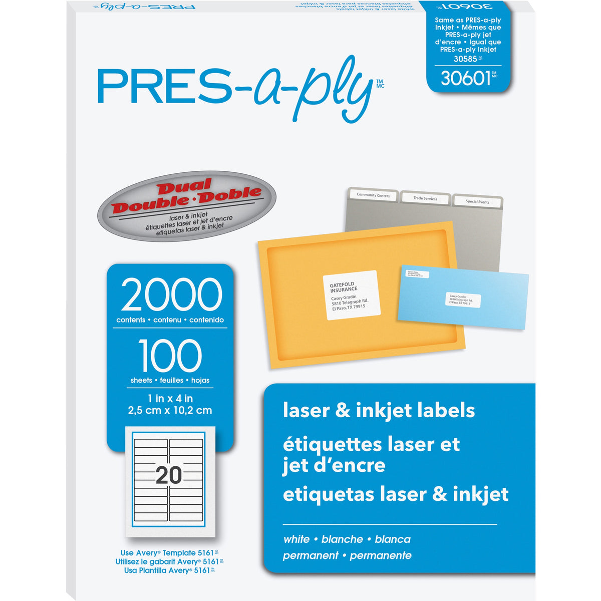 PRES-a-ply White Labels - 1" Width x 4" Length - Permanent Adhesive - Rectangle - Laser, Inkjet - White - Paper - 20 / S