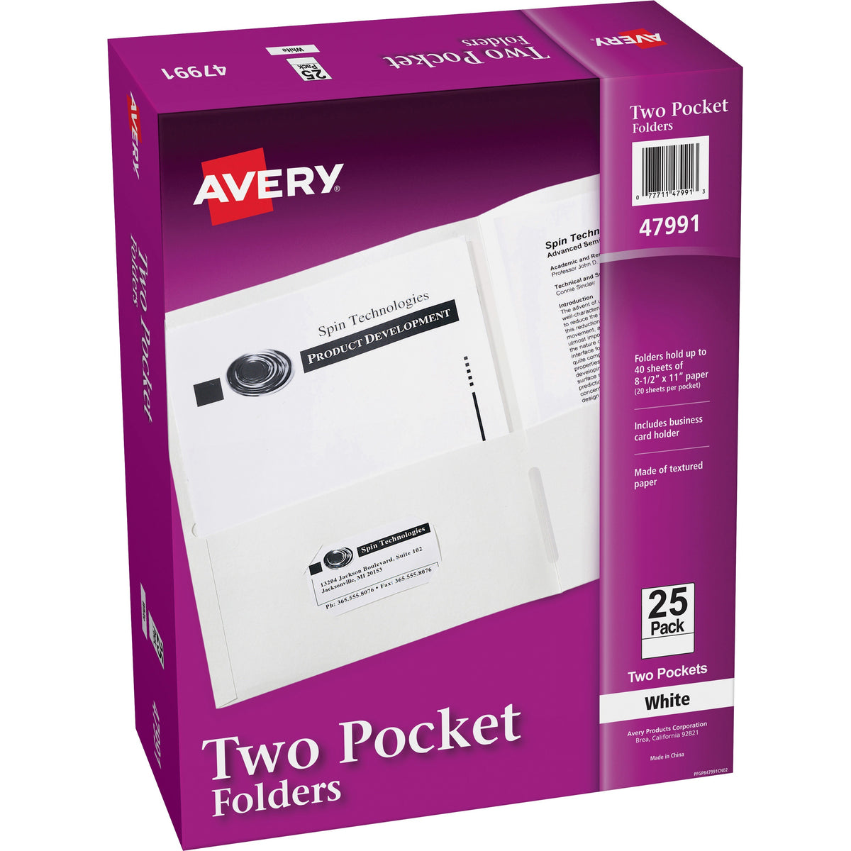 Avery® Letter Pocket Folder - 8 1/2" x 11" - 40 Sheets Capacity - 2 Internal Pocket - Paper - White - 25 / Box