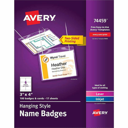 Avery Name Badges with Cords, 3" x 4" , 100 Total (74459) - Letter - 8 1/2" x 11" - 100 / Box