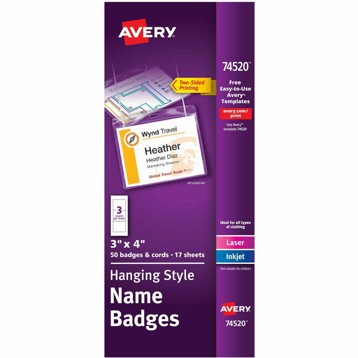 Avery® Name Badges with Cords, 3" x 4" , 50 Total (74520) - 8 1/2" x 11" - 50 / Box