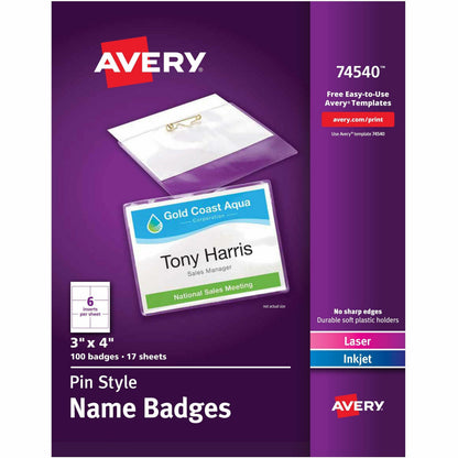 Avery® Pin-Style Name Badges - Clear, White - 1 Box