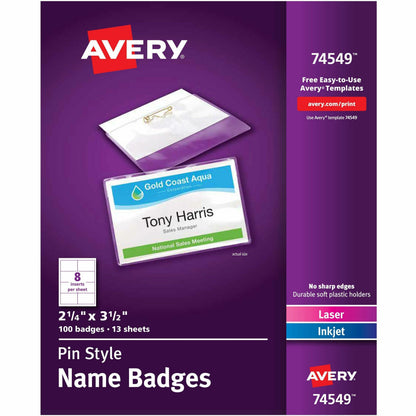 Avery® Pin-Style Name Badges - 3 1/2" x 2 1/4" - White, Clear - 100 / Box