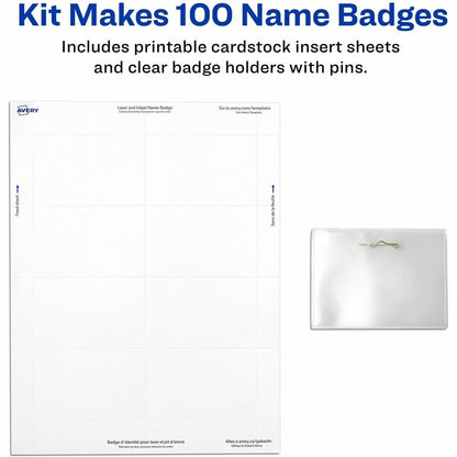Avery® Pin-Style Name Badges - 3 1/2" x 2 1/4" - White, Clear - 100 / Box